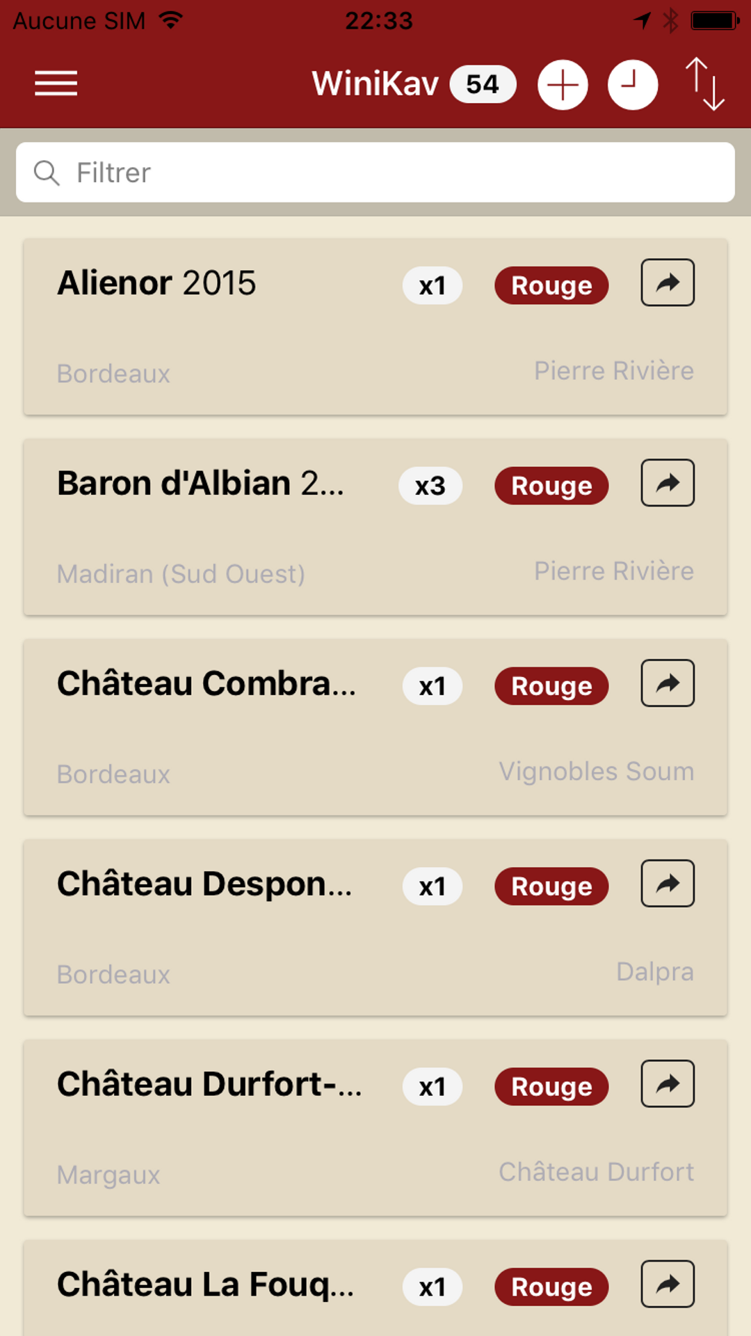 Liste interactive des vins en cave